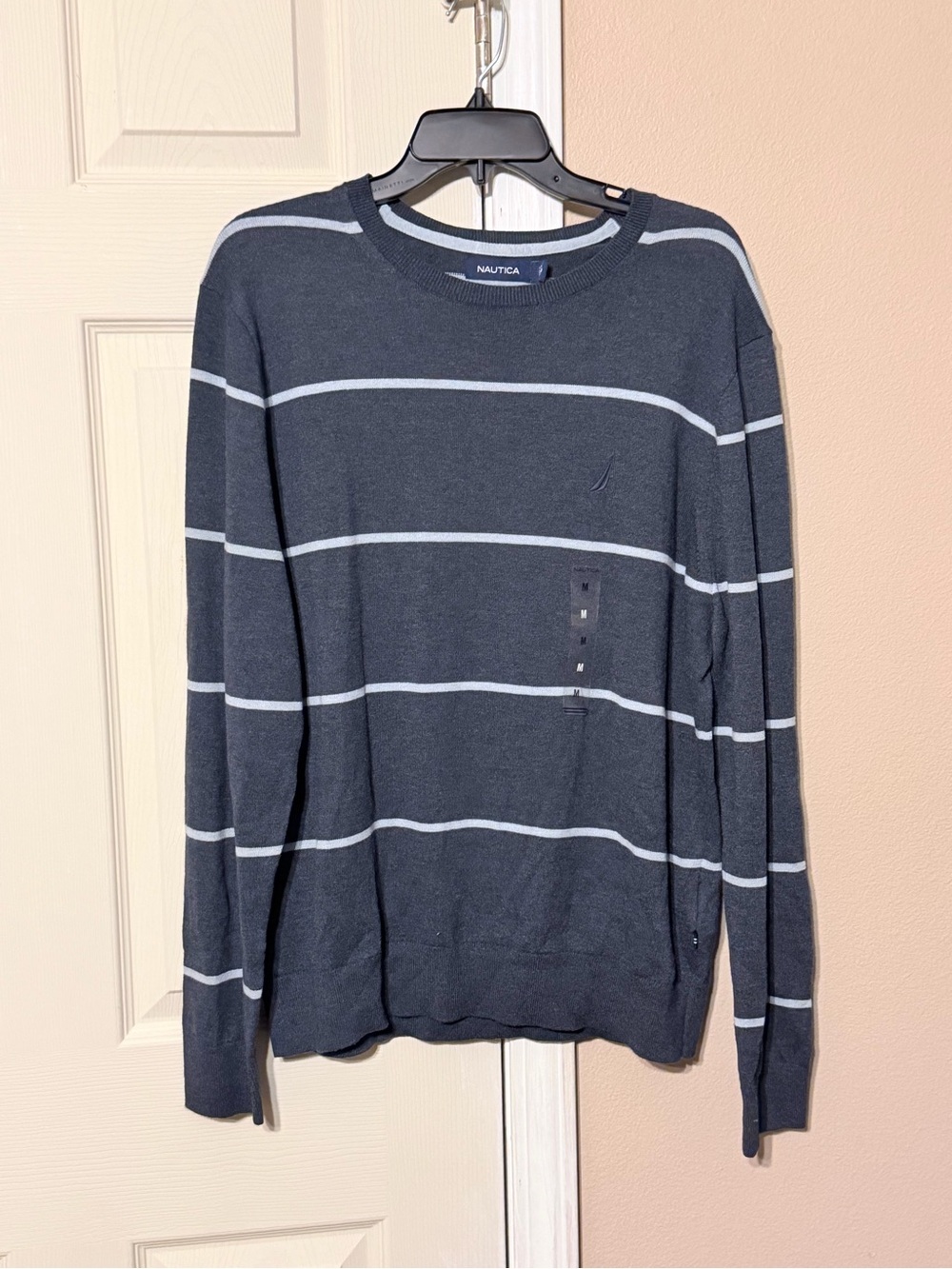 Nautica Men's Dark Navy Crewneck with Light Gray Stripes